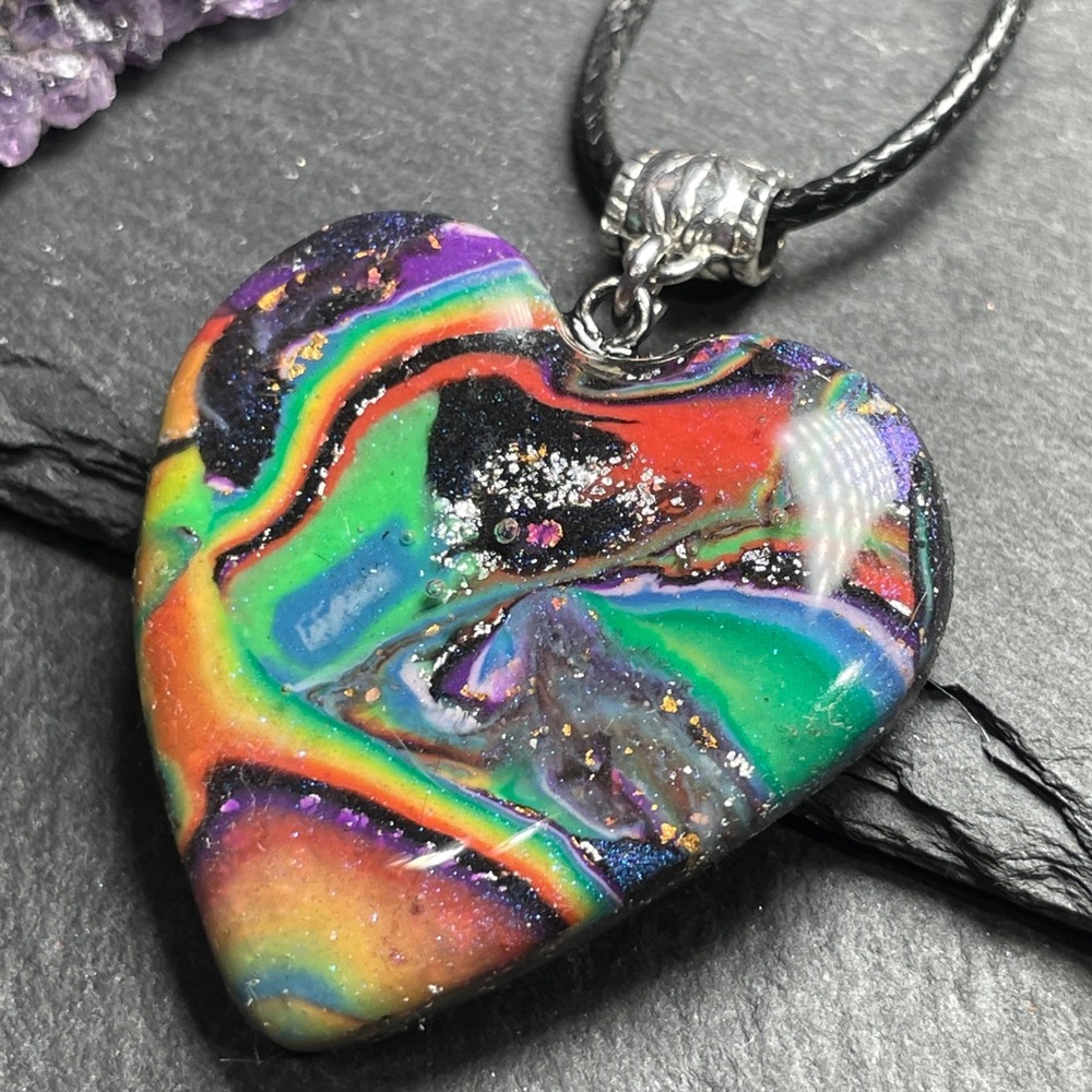 Lisa Frank Inspired Rainbow Galaxy Heart Pendant Necklace Hand Crafted - Picture 7 of 14